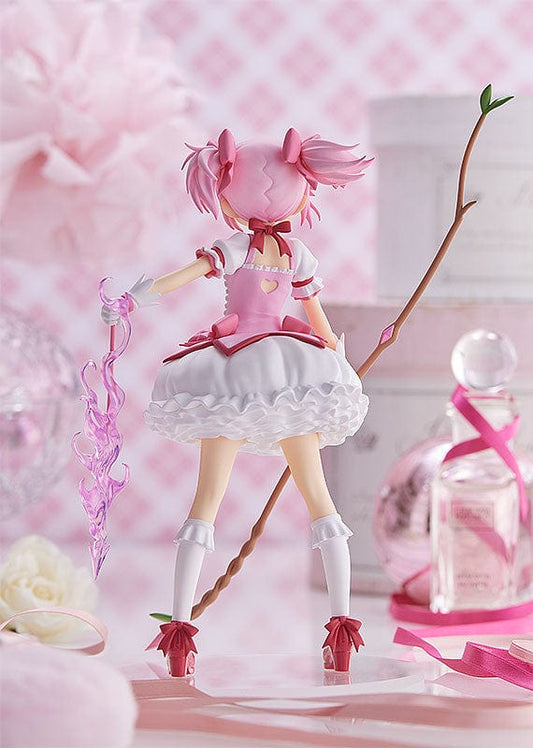 Pop Up Parade Madoka Kaname figure from Puella Magi Madoka Magica The Movie: Rebellion, featuring her in a magical girl outfit with pink hair and holding a magical staff.
