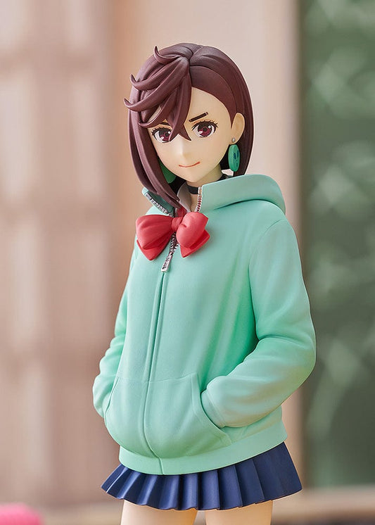 Dandadan POP UP PARADE Momo figure in mint green hoodie and navy skirt, with red bow and brown shoes, posing confidently on a white background.