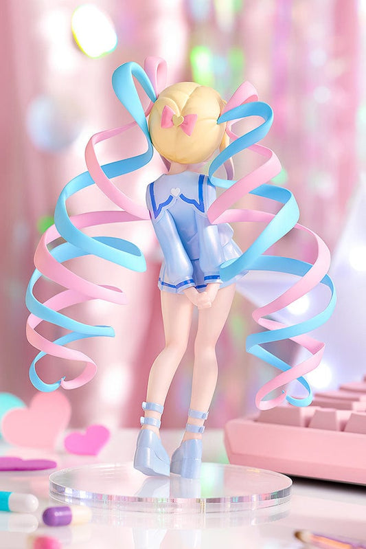 Needy Streamer Overload Pop Up Parade figure of OMGkawaiiAngel in Internet Yamero Version, featuring her in a pastel blue dress with dynamic pink and blue ribbons, portraying a joyful and animated online persona.