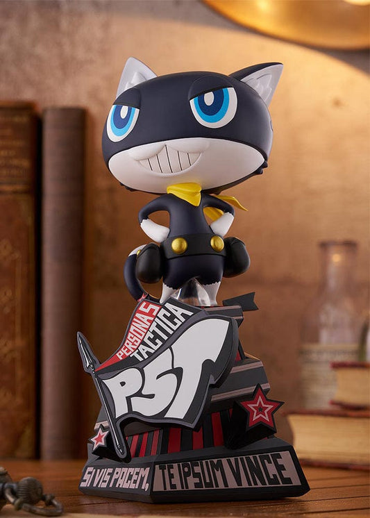 Persona 5 Tactica POP UP PARADE Morgana L Size Figure featuring Morgana in a confident pose with a yellow scarf, standing on a stylized P5T-themed base with bold graphics.