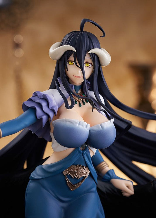 Overlord Pop Up Parade SP Albedo figure in jet black dress with black wings and flowing hair