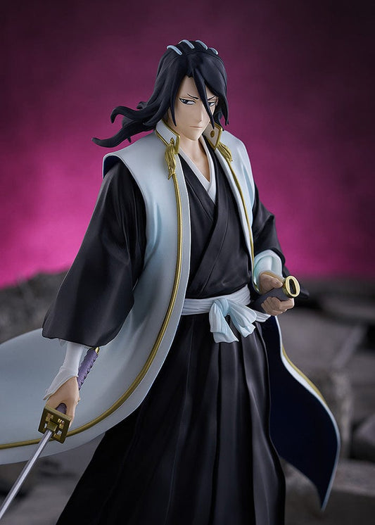 Bleach Pop Up Parade SP Byakuya Kuchiki Figure – anime figure featuring Byakuya in his black Shihakusho and white haori, holding Senbonzakura with a calm, commanding expression.