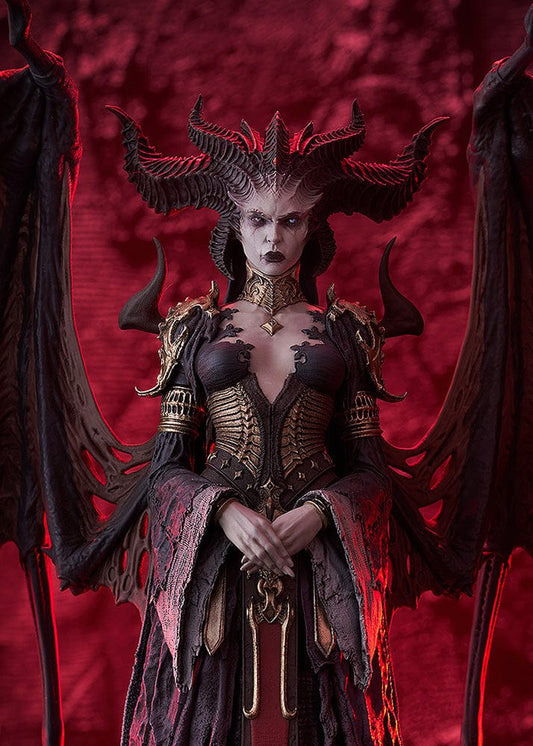 Highly detailed Diablo POP UP PARADE SP Lilith figure, featuring dark armored attire with golden accents, large, ominous wings, and a dramatic, long black gown, exuding a powerful presence.