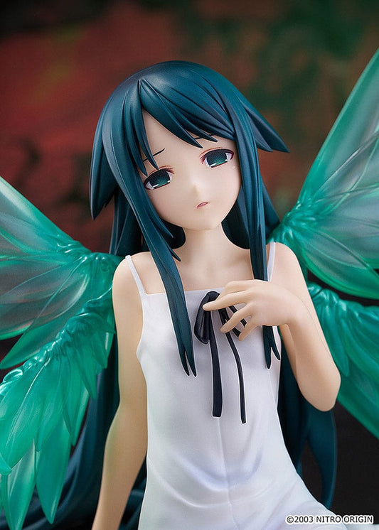 Saya no Uta Pop Up Parade L Saya figure, featuring a serene pose with striking green wings and a simple white dress.