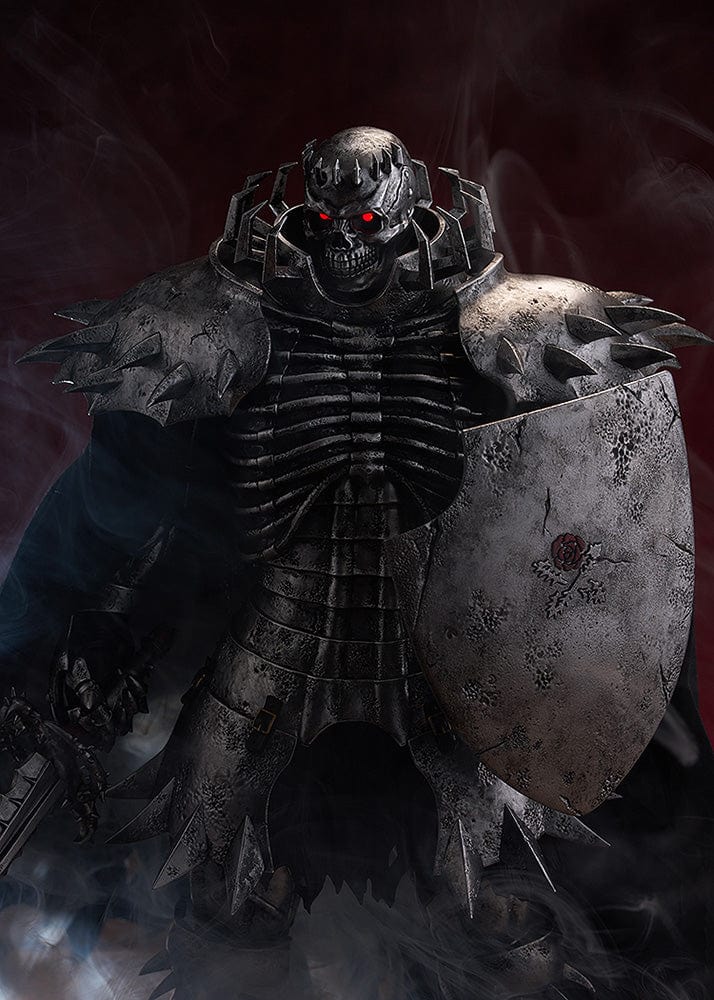 Large-scale figure of Skull Knight from Berserk in black armor with spiked pauldrons, holding a sword and shield, with a torn cape flowing behind.