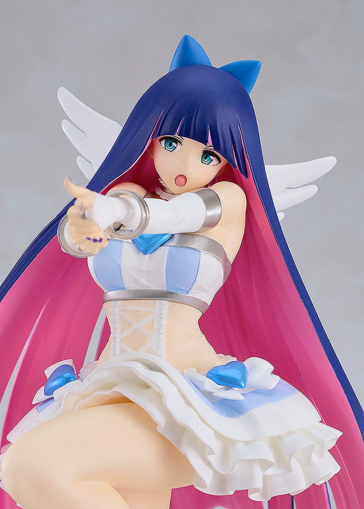 Pop Up Parade L Stocking (Repent Ver.) figure from Panty & Stocking with Garterbelt, featuring flowing pink and purple hair, white angel outfit, and dynamic pose.