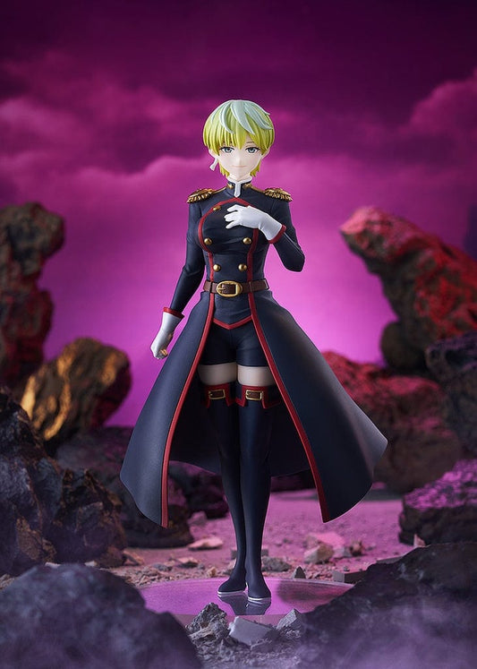 The figure features Tenka Izumo from 'Chained Soldier,' standing confidently in a military-style uniform with gold accents and a long, flowing navy cape.