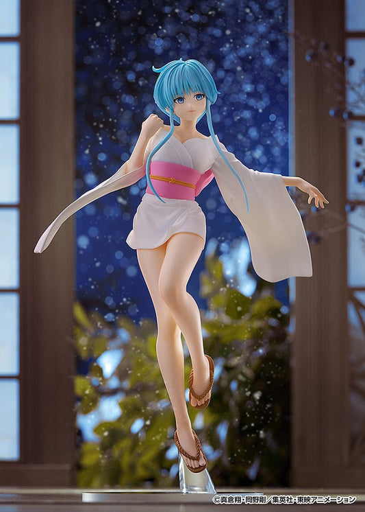 Hell Teacher Nube POP UP PARADE Yukime figure, elegantly posed in a flowing white dress with pink belt, her vibrant blue hair gently swaying, and wearing traditional sandals, capturing her ethereal spirit.