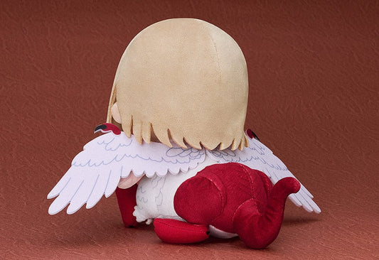 Delicious in Dungeon Falin Chimera plushie with soft pastel wings, golden eyes, red clawed feet, and detailed chibi-style design, capturing her transformed state.