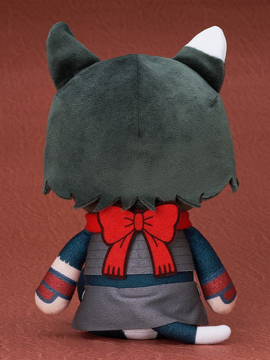 Delicious in Dungeon Izutsumi plushie featuring cat-like ears, golden eyes, red scarf, and detailed warrior outfit, designed in a chibi-style with soft fabric.