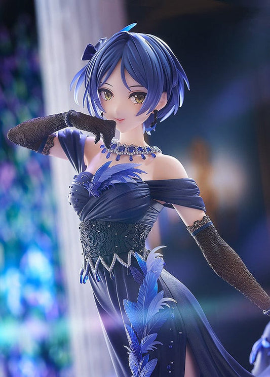 The Idolmaster Cinderella Girls DreamTech Kanade Hayami Pretty Liar 1/7 Scale Figure, featuring Kanade in a luxurious blue evening gown with feather and jewel details, posed elegantly on a reflective blue base.