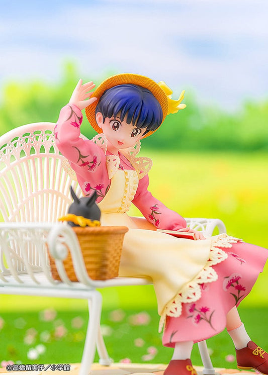 Akane Tendo from 'Ranma 1/2' in a 1/7 Scale Figure, seated on a wicker bench, wearing a pink floral kimono and straw hat, with a basket of flowers and a black cat beside her.
