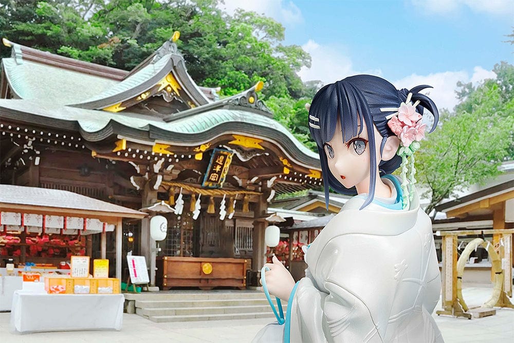 Rascal Does Not Dream of Bunny Girl KD Colle Mai Sakurajima (White Kimono Ver.) 1/7 Scale Figure, depicted in an intricately detailed white kimono with blue accents, turning gracefully with a flower-adorned hairstyle, embodying elegance and tranquility.
