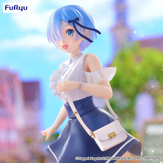 Re:Zero Starting Life in Another World Rem figure in a blue and white dress with a shoulder bag, dynamically posed on a European-style street, with vibrant expression and detailed scenery.