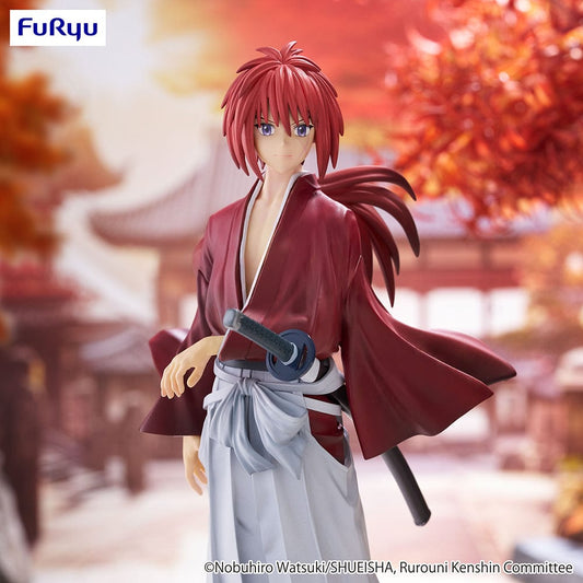 Rurouni Kenshin: Meiji Swordsman Romantic Story Kenshin Himura figure in traditional attire, holding a reverse-blade sword, set against a backdrop of a Japanese temple and autumn foliage, capturing the essence of the Meiji period.