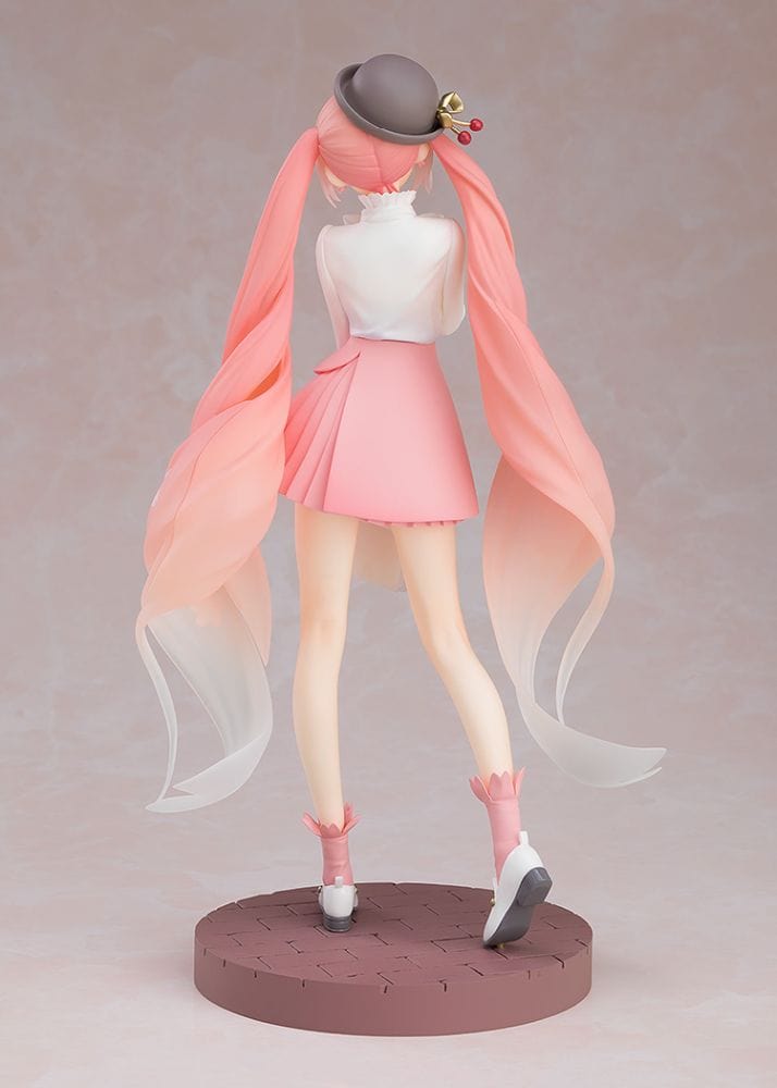 Sakura Miku Pop Up Parade Hanami Outfit Ver. figure in a cherry blossom-themed pink skirt, white blouse, beret, and twin tails with floral patterns
