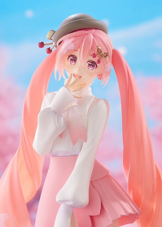 Sakura Miku Pop Up Parade Hanami Outfit Ver. figure in a cherry blossom-themed pink skirt, white blouse, beret, and twin tails with floral patterns