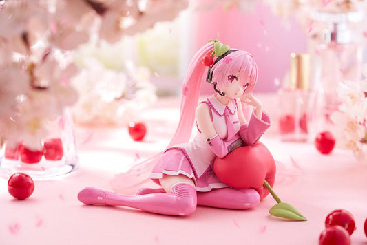 Vocaloid Desktop Cute Sakura Miku (Cherry Cushion Ver.) Figure featuring a pink sakura-themed outfit, cherry-shaped cushion, and playful seated pose.
