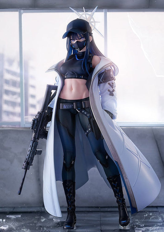 Blue Archive 1/7 scale figure of Saori in tactical gear holding a sniper rifle, wearing a mask and cap, with a white coat and debris-themed base.