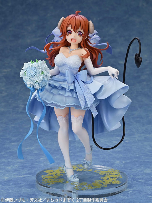 The Demon Girl Next Door Shadow Mistress Yuko (Wedding Ver.) Figure in a light blue bridal gown with lace details, demon horns, and bouquet.