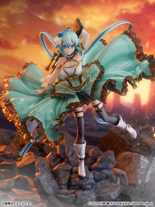 Sword Art Online Sinon (Crystal Dress Ver.) 1/7 Scale Shibuya Scramble Figure in aquamarine gown with gold accents, dynamic pose, and rocky base.