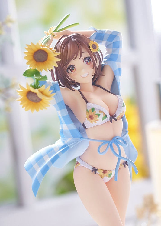 Sunflower Girl 1/7 scale figure by En Morikura, featuring a cheerful girl in a sunflower-themed bikini with a blue checkered shirt and a bouquet of sunflowers.