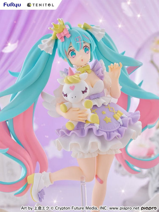 Tenitol Hatsune Miku (Yumekawa Princess Lavender Ver.) figure featuring pastel lavender outfit, unicorn plushie, and twin-tailed hair.