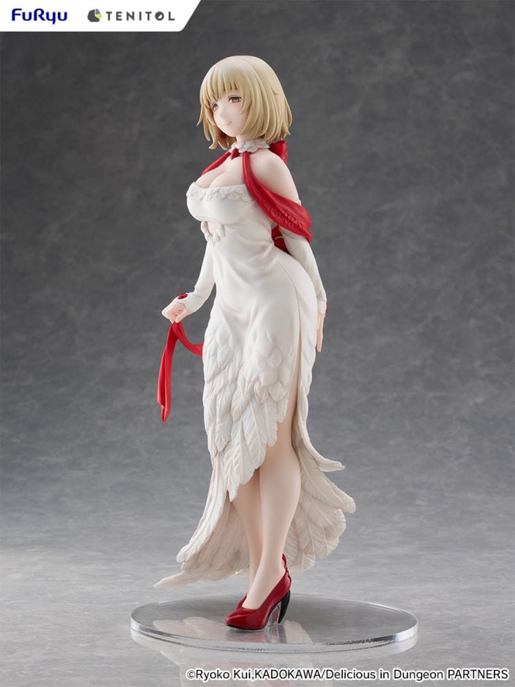 Falin (Dress Style Ver.) figure from Delicious in Dungeon by Tenitol Tall, featuring a white feathered gown, red heels, and serene expression.