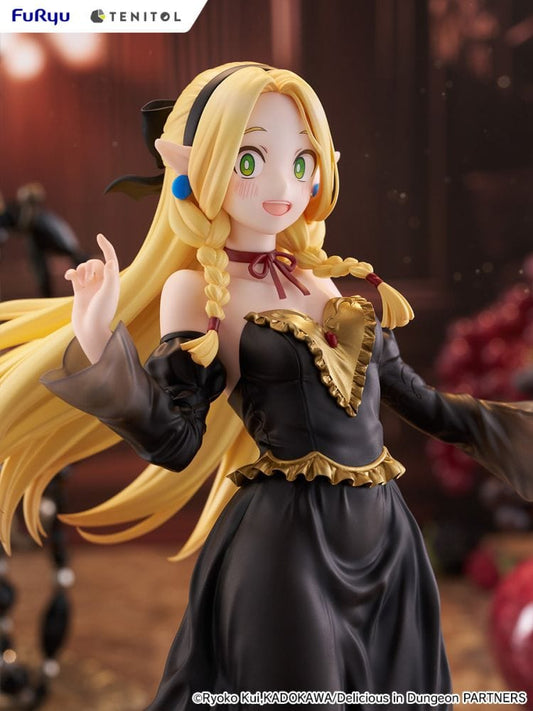 Marcille (Dress Style Ver.) figure from Delicious in Dungeon by Tenitol Tall, featuring black dress, braided hair, elf ears, and dynamic twirling pose.