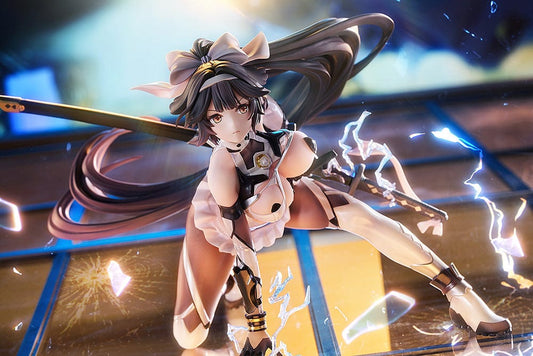 Azur Lane Takao: Divine Exorcist’s Blade 1/7 Scale Figure featuring Takao in a dynamic battle stance with a white exorcist outfit, flowing twin-tails, a lightning-imbued katana, and a detailed tiled base.