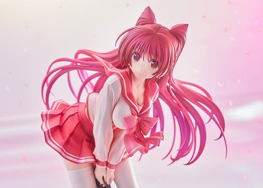 ToHeart2 Tamaki Kousaka 20th Anniversary Ver. 1/7 Scale Figure featuring Tamaki in a pink and white school uniform, striking a dynamic pose with flowing crimson hair and a school bag.