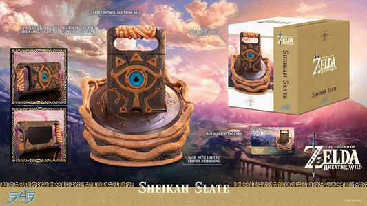 Statue of the Sheikah Slate from 'The Legend of Zelda: Breath of the Wild', with detailed carvings and symbols, against a scenic Hyrule background, part of a limited edition collectible set.