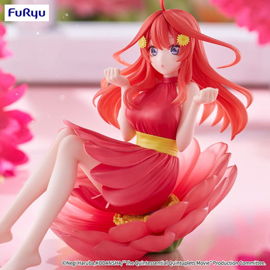 Itsuki Nakano from The Quintessential Quintuplets sitting in a flower, dressed in a flowing red dress with yellow belt, her hair adorned with yellow flowers, embodying elegance and grace.