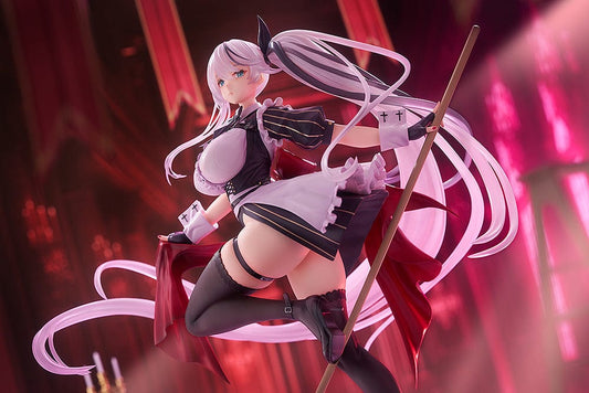 Azur Lane Thüringen figure in a maid outfit, dynamically posed with a sweeping broom, featuring a detailed costume in white, black, and red, complemented by her flowing silver hair and a whimsical dustpan with a face, against a plain background.