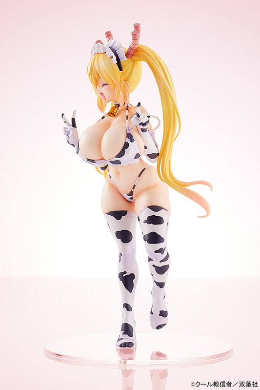 Miss Kobayashi's Dragon Maid Tohru Cow Bikini Version 1/7 Scale Figure, showcasing Tohru in a playful cow-pattern bikini with accessories like horns and a bell, posed dynamically on a clear base.