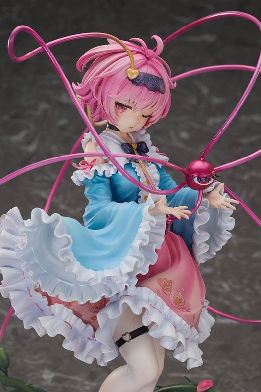 Touhou Project True Horror! 3rd Eye Satori Komeiji 1/6 Scale Figure, featuring Satori in a detailed, colorful costume with a heart-shaped third eye and swirling ribbons, standing on a floral and heart-decorated base.