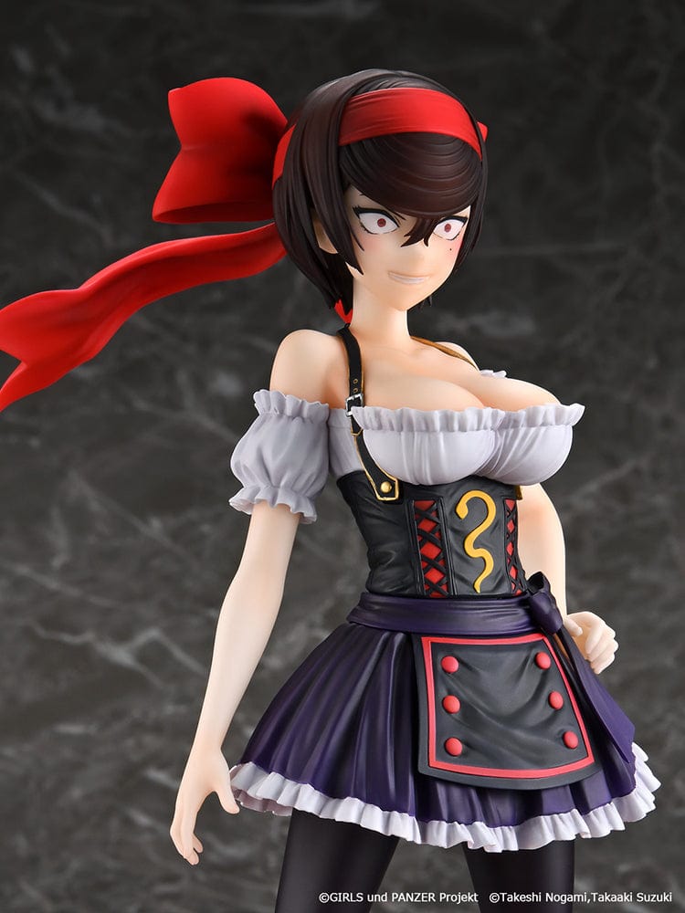 Girls und Panzer Shizuka Tsuruki figure in a dirndl outfit standing confidently on a red and black base with a large ribbon in her hair