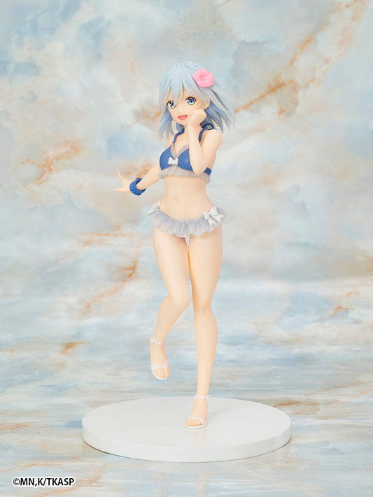 Tying the Knot with an Amagami Sister Asahi Amagami Coreful Figure, wearing a blue and white ruffled bikini, white sandals, and a pink flower hair accessory in a gentle summer pose.