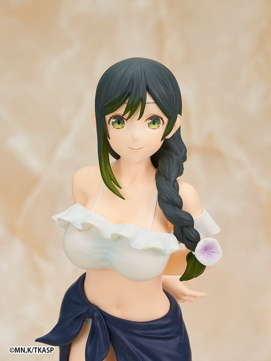 Tying the Knot with an Amagami Sister Yae Amagami Coreful Figure, wearing a white frilled top, navy sarong, and sandals with a summer-themed pose.