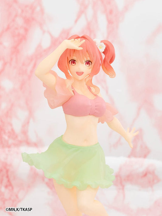 Tying the Knot with an Amagami Sister Yuna Amagami Coreful Figure, wearing a pink ruffled bikini top, green skirt, and pink sandals in a playful beach pose.