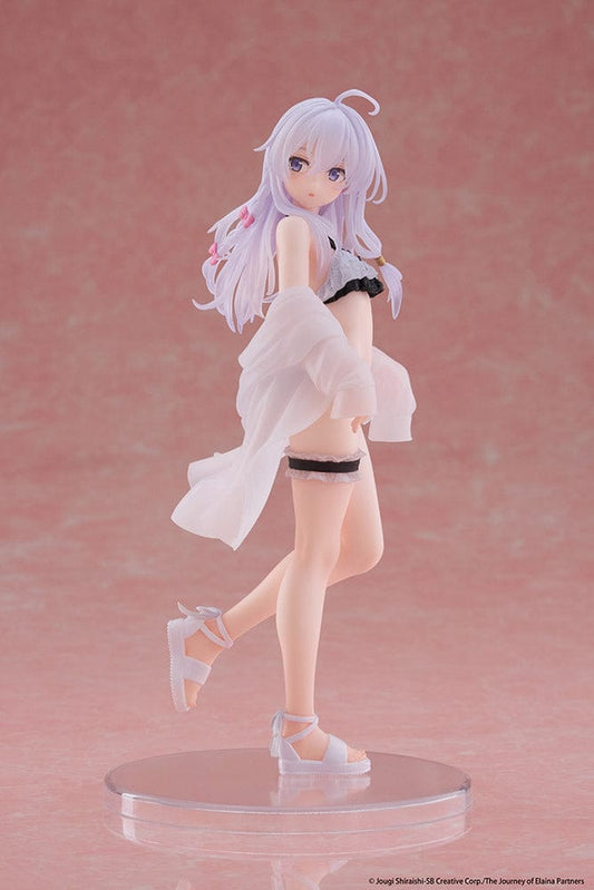 Wandering Witch: The Journey of Elaina – Elaina (Swimsuit Version) Coreful Figure featuring Elaina in a black bikini with a flowing sheer cover-up, silver-lavender hair, and soft pink ribbons, posed on a clear display base.