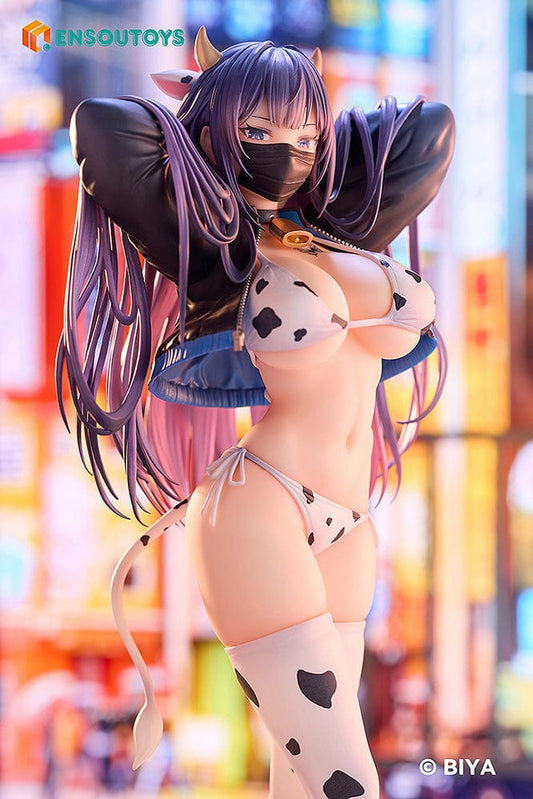 Illustrator Biya's original character Yuna Cow 1/6 scale figure in a cow-pattern bikini, featuring vibrant purple hair and playful accessories, posed on a simple black base.