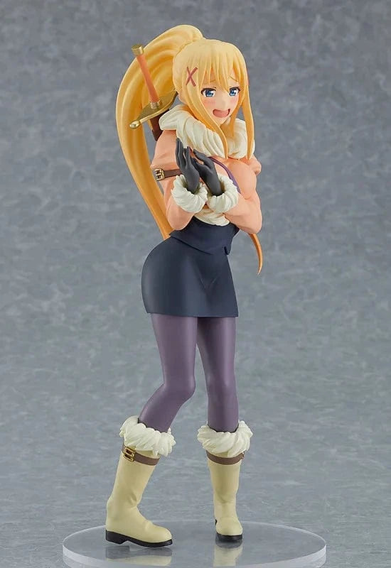 Konosuba POP UP PARADE Darkness Winter Ver. anime figure wearing winter outfit with sword, standing on snow-themed base