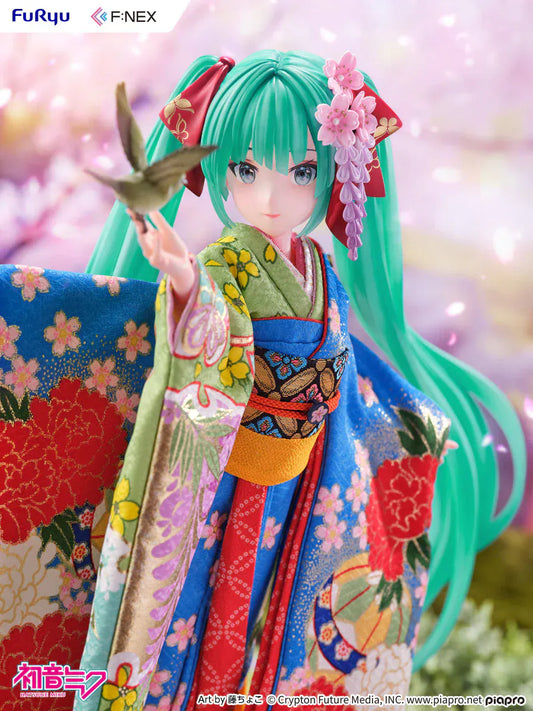 Hatsune Miku 1/4 scale figure wearing a detailed traditional Japanese kimono with a bird on her hand.