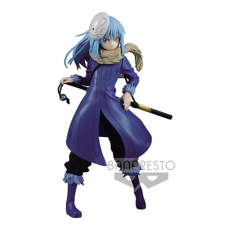 That Time I Got Reincarnated as a Slime Otherworlder Rimuru figure with blue hair, a purple coat, white mask, scarf, and sword.