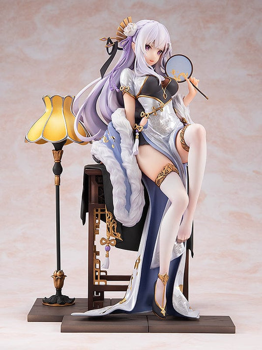 Re:Zero Emilia Graceful Beauty Ver. KDcolle 1/7 scale figure sitting in elegant Chinese-style outfit with chair and lamp base