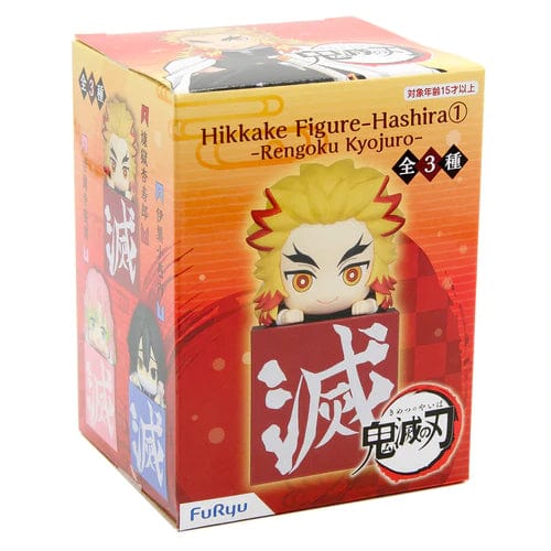 Demon Slayer: Kimetsu no Yaiba Kyojuro Rengoku Hikkake Figure in chibi form resting on red cube with kanji.