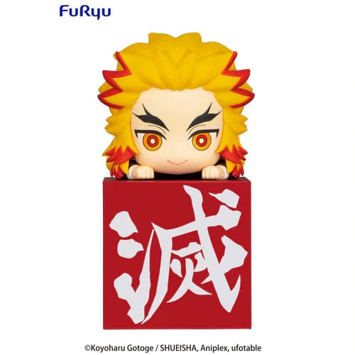 Demon Slayer: Kimetsu no Yaiba Kyojuro Rengoku Hikkake Figure in chibi form resting on red cube with kanji.