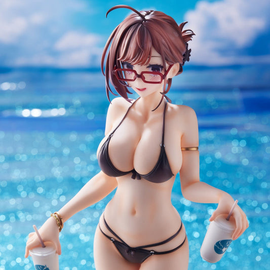 Anime-style 92M illustration-based figure of Kinshi no Ane in a black bikini, holding two drinks, posed on a sandy beach.