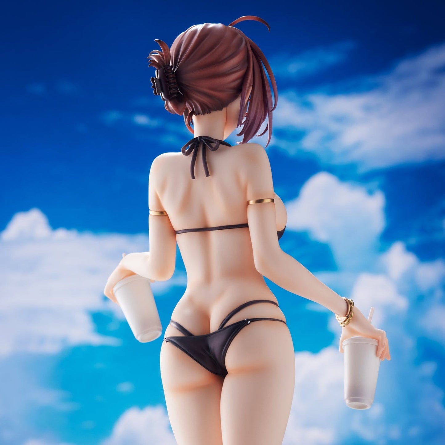 Anime-style 92M illustration-based figure of Kinshi no Ane in a black bikini, holding two drinks, posed on a sandy beach.